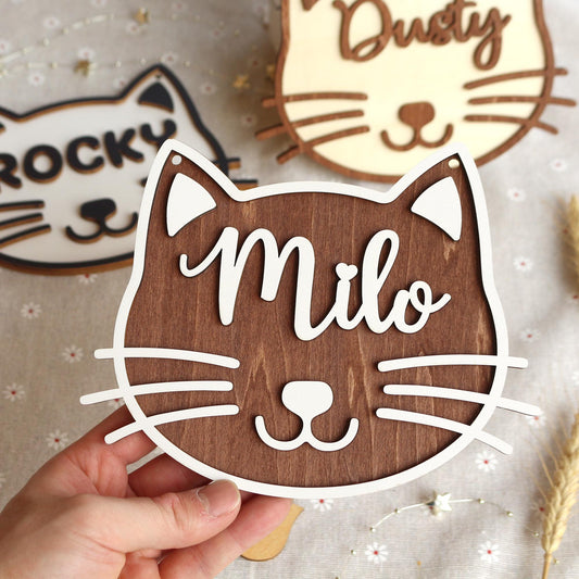 Cat Name Tag – Personalized Pet Name Sign for Pet House, Room, Crate, Kennel, or Feeding Area – Wooden Cat Plaque – Cat House Sign