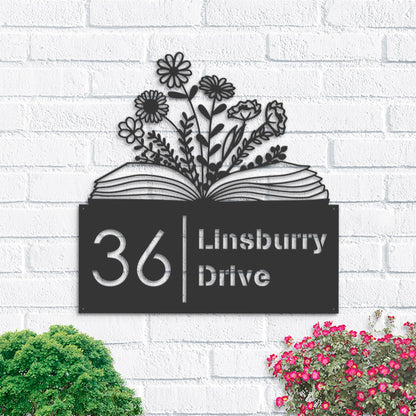 Personalized Floral book, book lover reading Metal Address Sign House number Hanging Address Plaque Yard Sign, Outdoor Sign Garden Stake