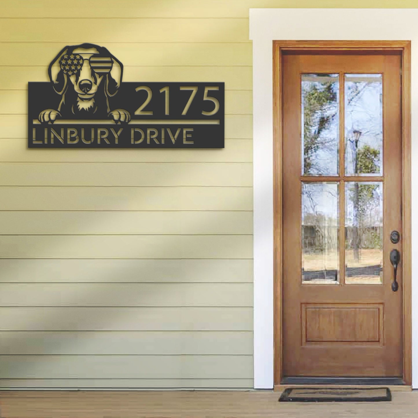 Personalized Dachshund dog US flag glasses Metal Address Sign House number Hanging Address Plaque Yard Sign Outdoor decor Garden Stake