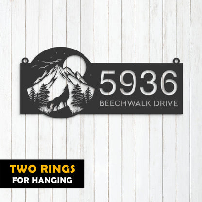 Personalized Wolf howling on full moon Metal Address Sign House Number, Hanging Address Plaque | Yard Sign, Outdoor Sign| Garden Stake