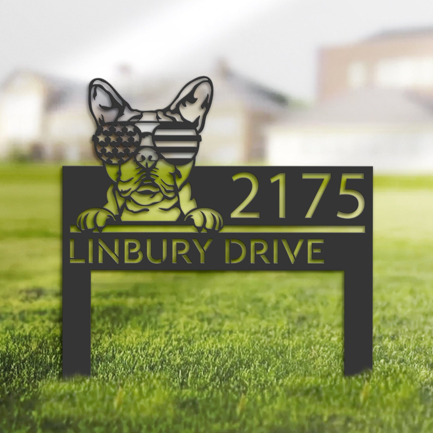 Personalized Boston terrier dog US flag glasses Metal Address Sign House number Hanging Address Plaque Yard Sign Outdoor decor Garden Stake