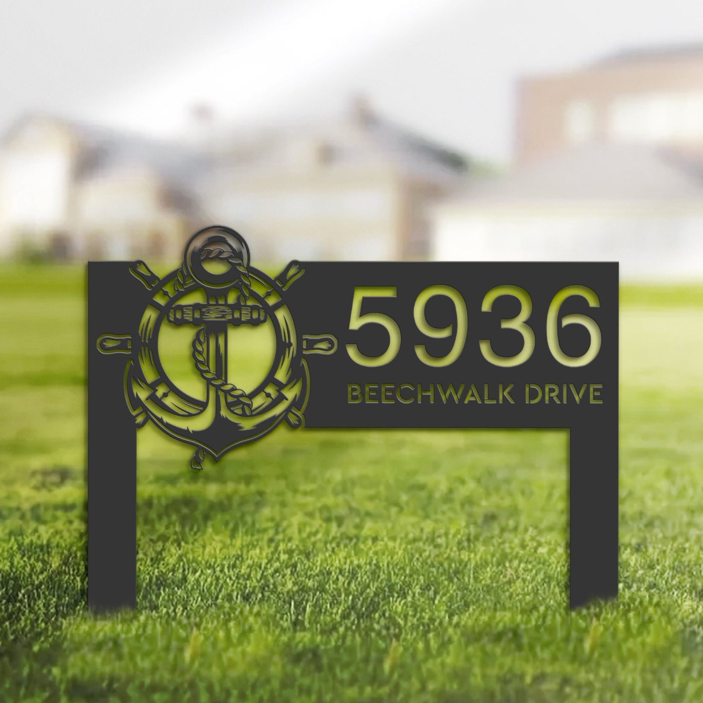 Personalized Anchor and ship rope with ship wheel Metal Address Sign House number Hanging Address Plaque Yard Sign Outdoor Sign Garden Stake