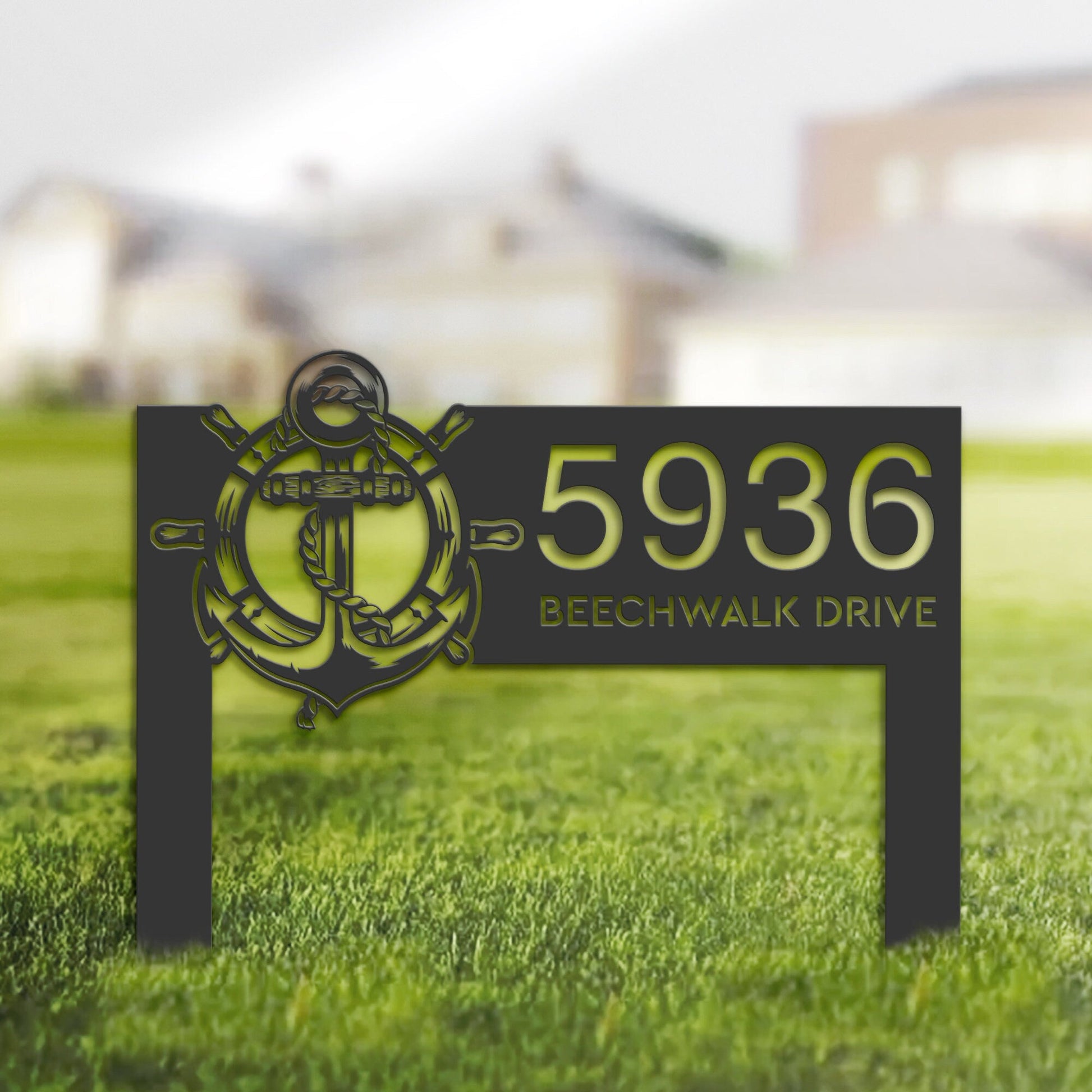 Personalized Anchor and ship rope with ship wheel Metal Address Sign House number Hanging Address Plaque Yard Sign Outdoor Sign Garden Stake