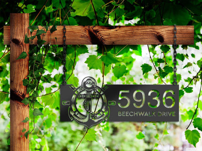 Personalized Anchor and ship rope with ship wheel Metal Address Sign House number Hanging Address Plaque Yard Sign Outdoor Sign Garden Stake