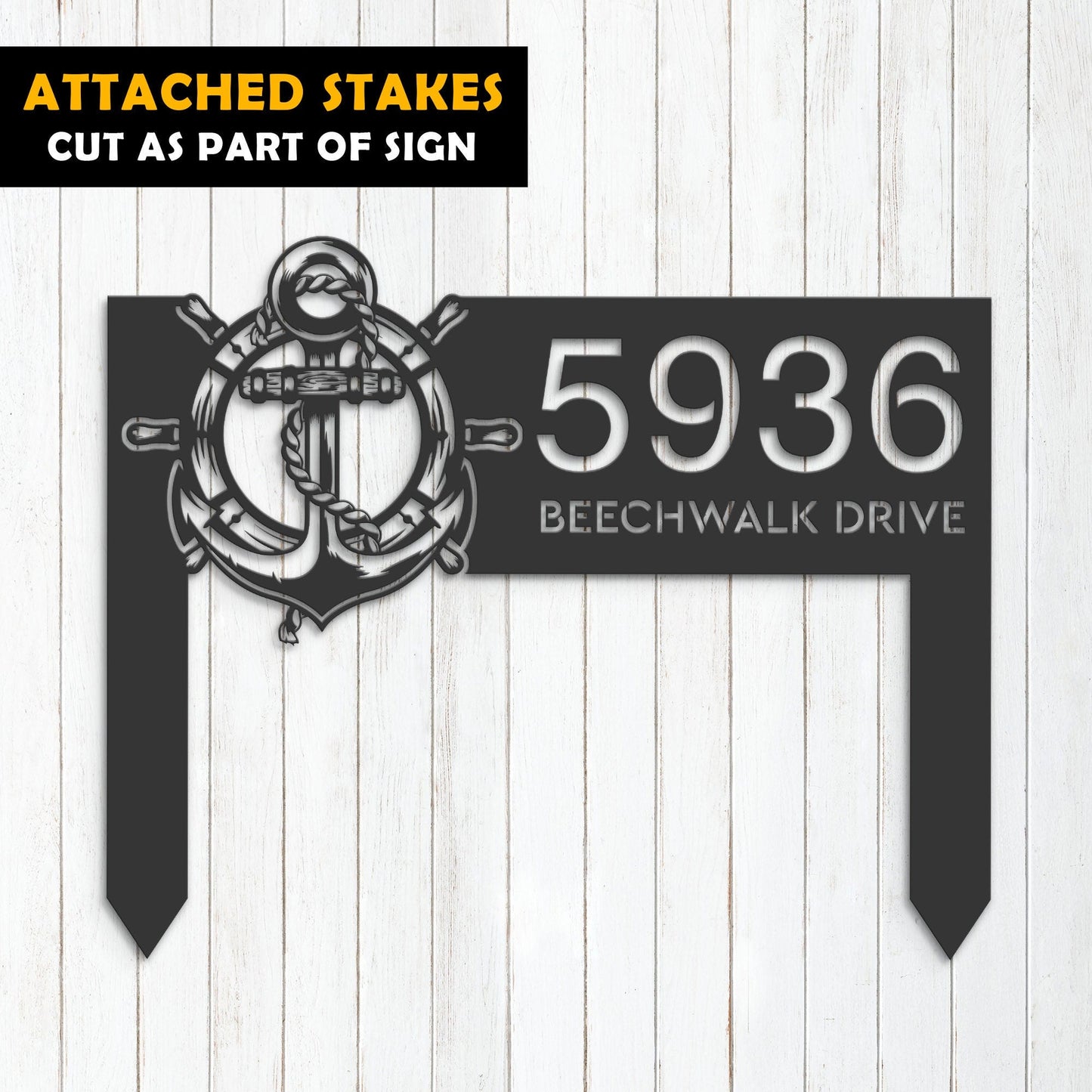 Personalized Anchor and ship rope with ship wheel Metal Address Sign House number Hanging Address Plaque Yard Sign Outdoor Sign Garden Stake