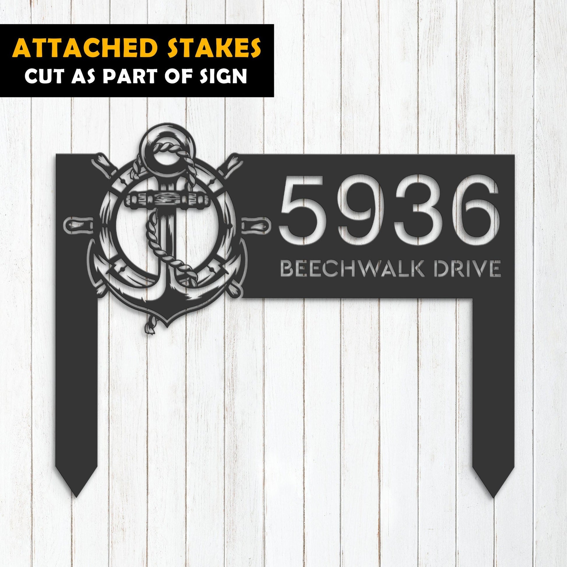 Personalized Anchor and ship rope with ship wheel Metal Address Sign House number Hanging Address Plaque Yard Sign Outdoor Sign Garden Stake