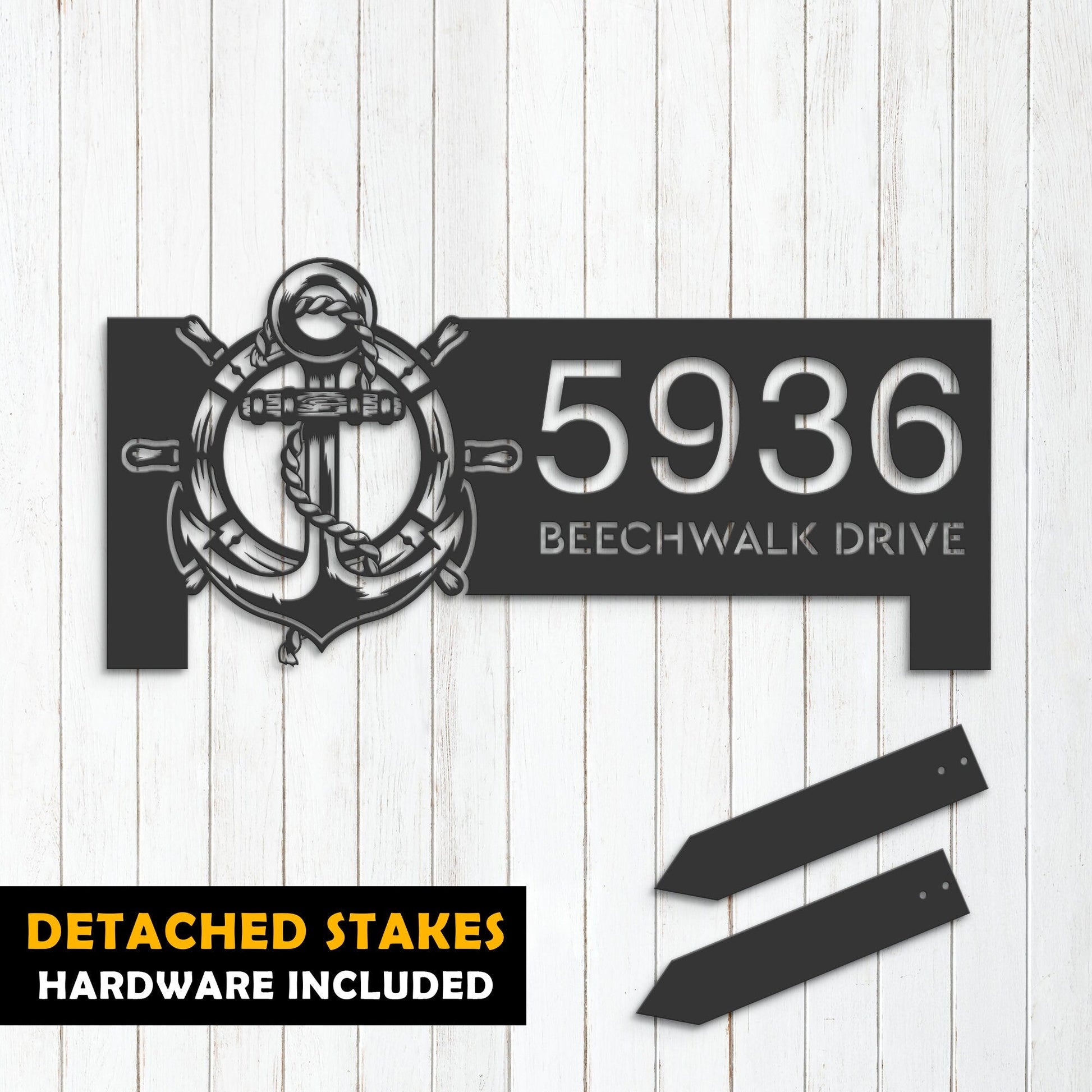 Personalized Anchor and ship rope with ship wheel Metal Address Sign House number Hanging Address Plaque Yard Sign Outdoor Sign Garden Stake