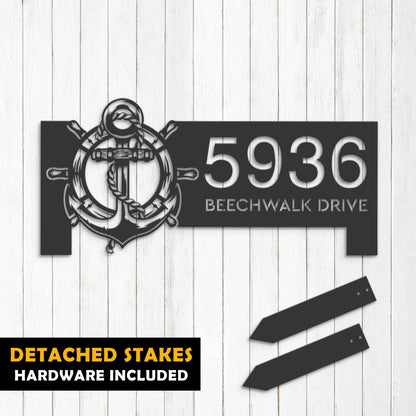 Personalized Anchor and ship rope with ship wheel Metal Address Sign House number Hanging Address Plaque Yard Sign Outdoor Sign Garden Stake