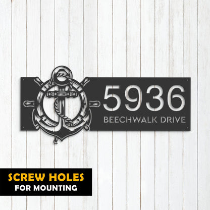 Personalized Anchor and ship rope with ship wheel Metal Address Sign House number Hanging Address Plaque Yard Sign Outdoor Sign Garden Stake