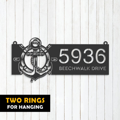 Personalized Anchor and ship rope with ship wheel Metal Address Sign House number Hanging Address Plaque Yard Sign Outdoor Sign Garden Stake