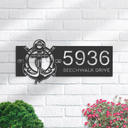 Personalized Anchor and ship rope with ship wheel Metal Address Sign House number Hanging Address Plaque Yard Sign Outdoor Sign Garden Stake