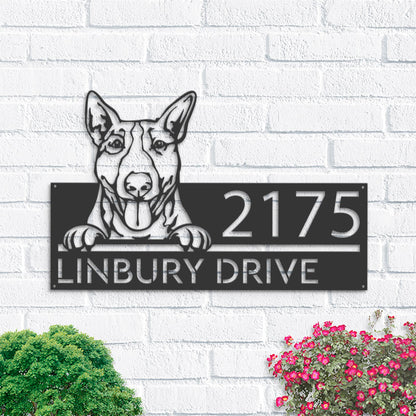 Personalized Bull Terrier dog, cute puppy Metal Address Sign House number Hanging Address Plaque Yard Sign Outdoor decor Garden Stake