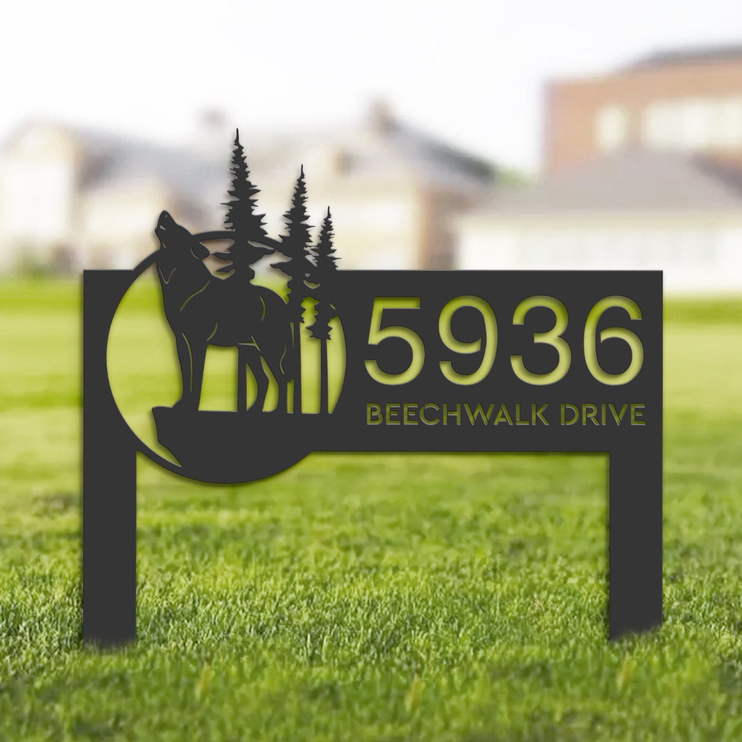 Personalized Wolf wild life mountain forest Metal Address Sign House Number, Hanging Address Plaque | Yard Sign, Outdoor Sign | Garden Stake