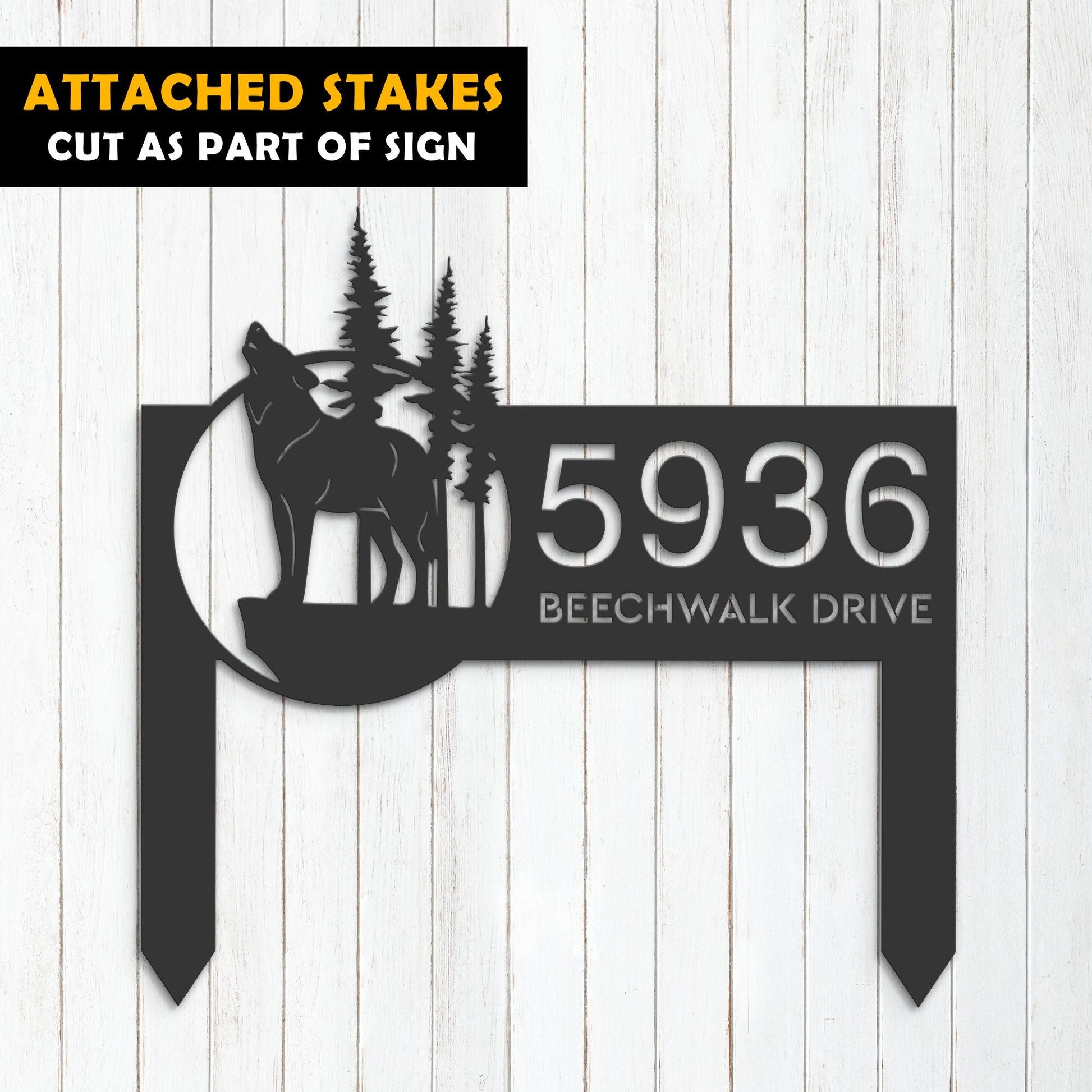 Personalized Wolf wild life mountain forest Metal Address Sign House Number, Hanging Address Plaque | Yard Sign, Outdoor Sign | Garden Stake