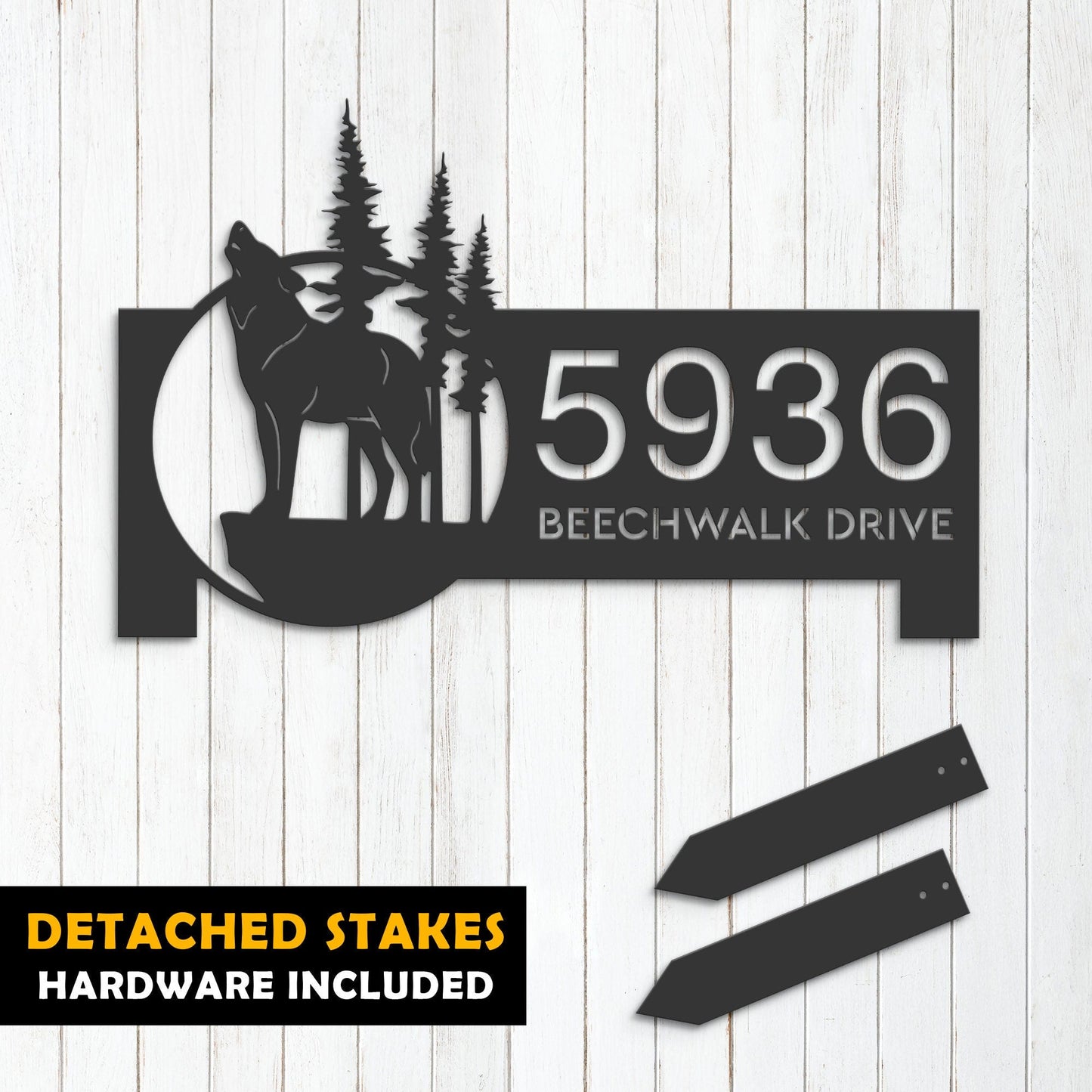 Personalized Wolf wild life mountain forest Metal Address Sign House Number, Hanging Address Plaque | Yard Sign, Outdoor Sign | Garden Stake