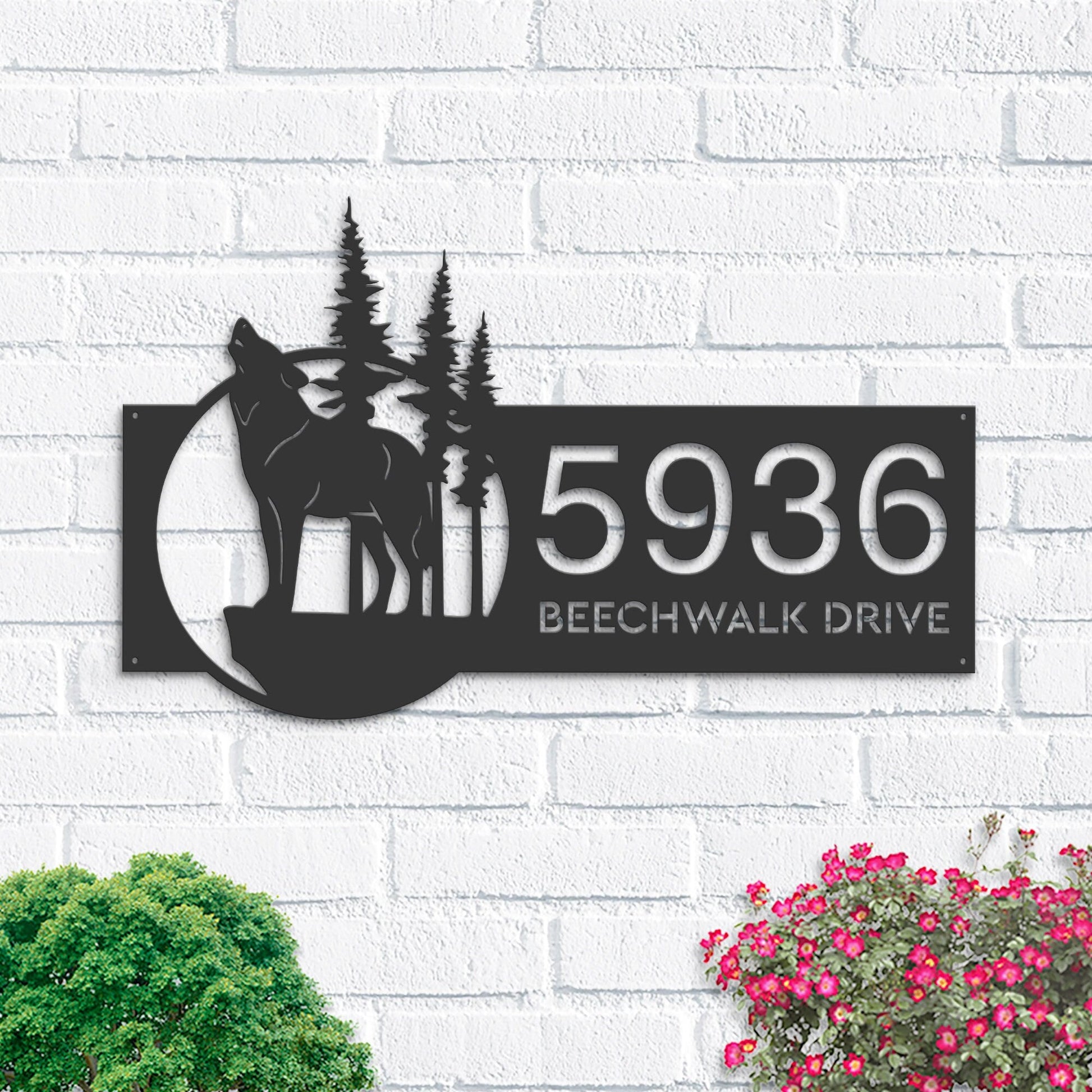 Personalized Wolf wild life mountain forest Metal Address Sign House Number, Hanging Address Plaque | Yard Sign, Outdoor Sign | Garden Stake