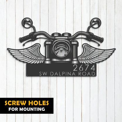 Personalized Biker Bike rider Motocycle with wings Metal Address Sign | Hanging Address Plaque | Yard Sign, Outdoor Sign | Garden Stake