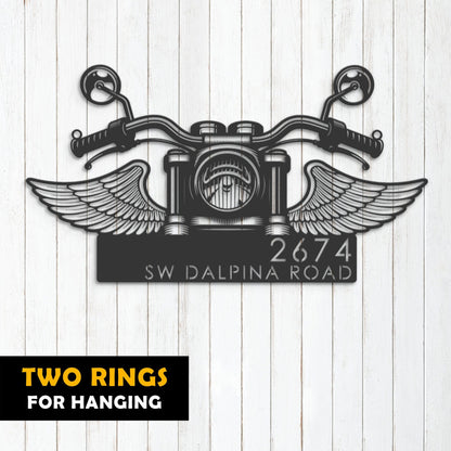 Personalized Biker Bike rider Motocycle with wings Metal Address Sign | Hanging Address Plaque | Yard Sign, Outdoor Sign | Garden Stake