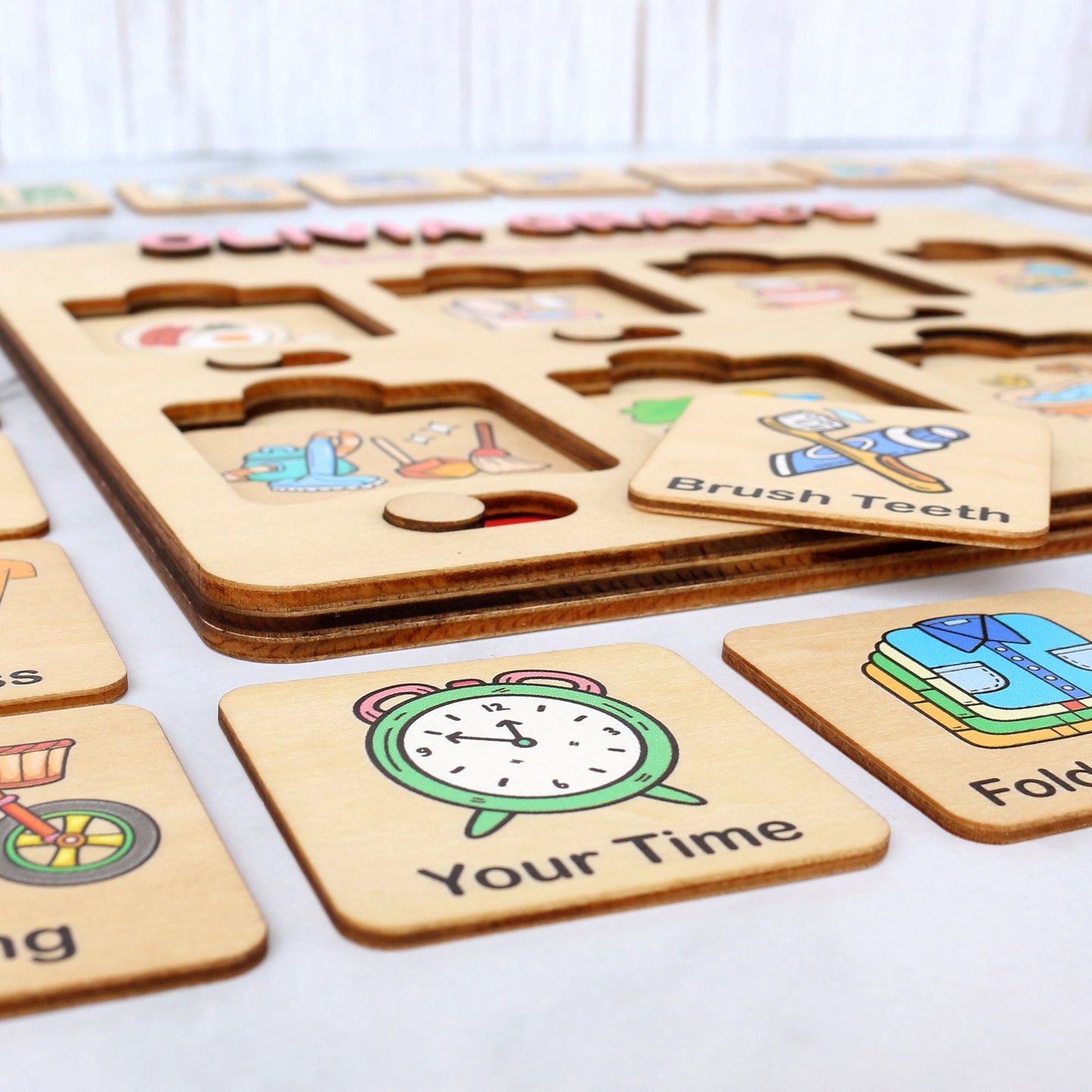 Kids Daily Routine Chart: Wooden Responsibility Board with Cards