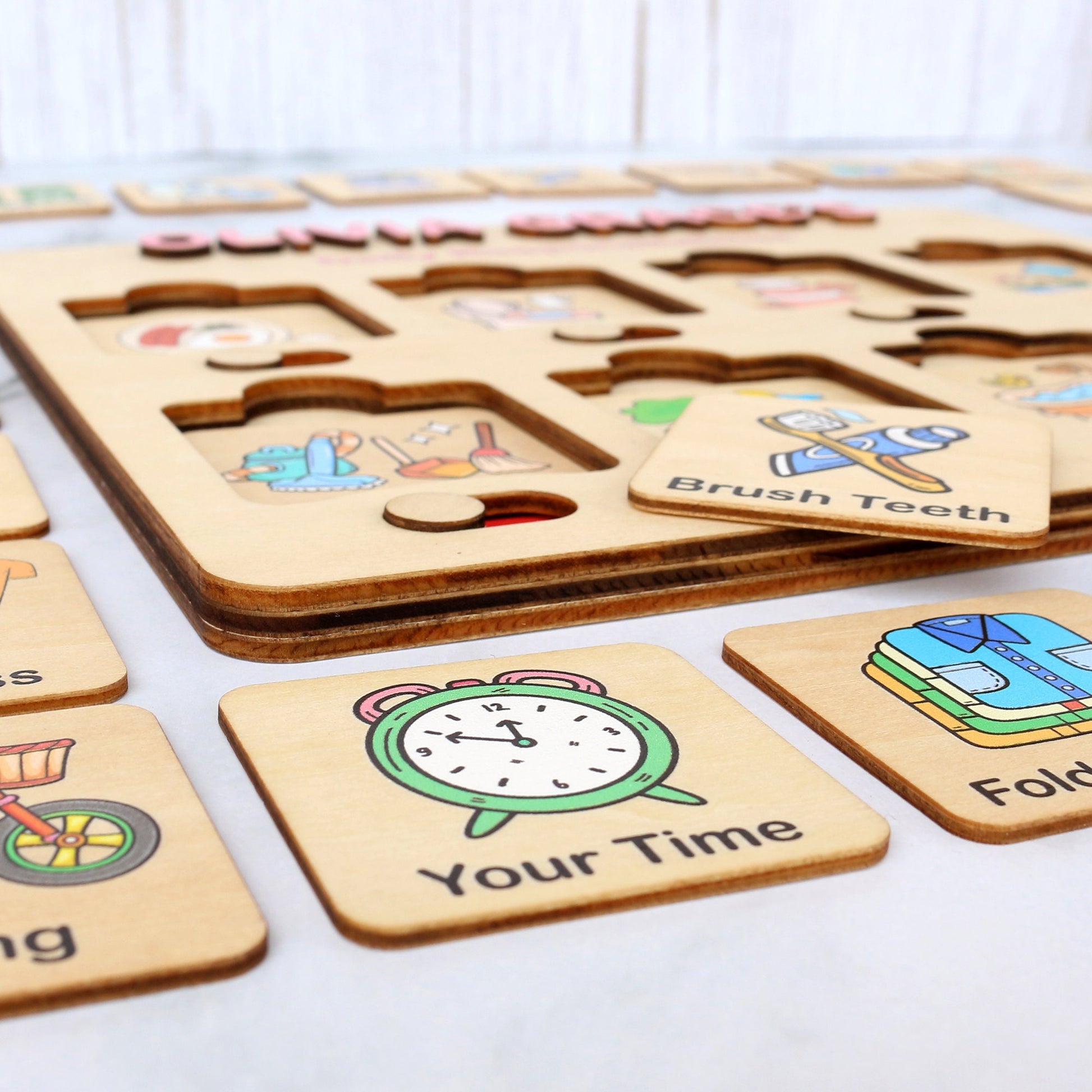 Kids Daily Routine Chart: Wooden Responsibility Board with Cards