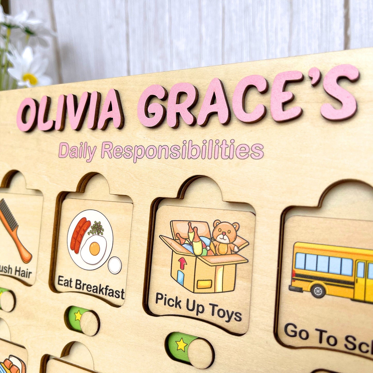 Kids Daily Routine Chart: Wooden Responsibility Board with Cards