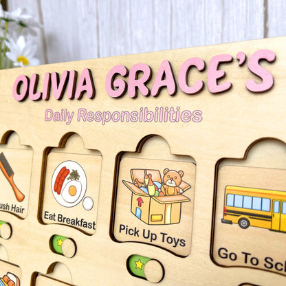 Kids Daily Routine Chart: Wooden Responsibility Board with Cards