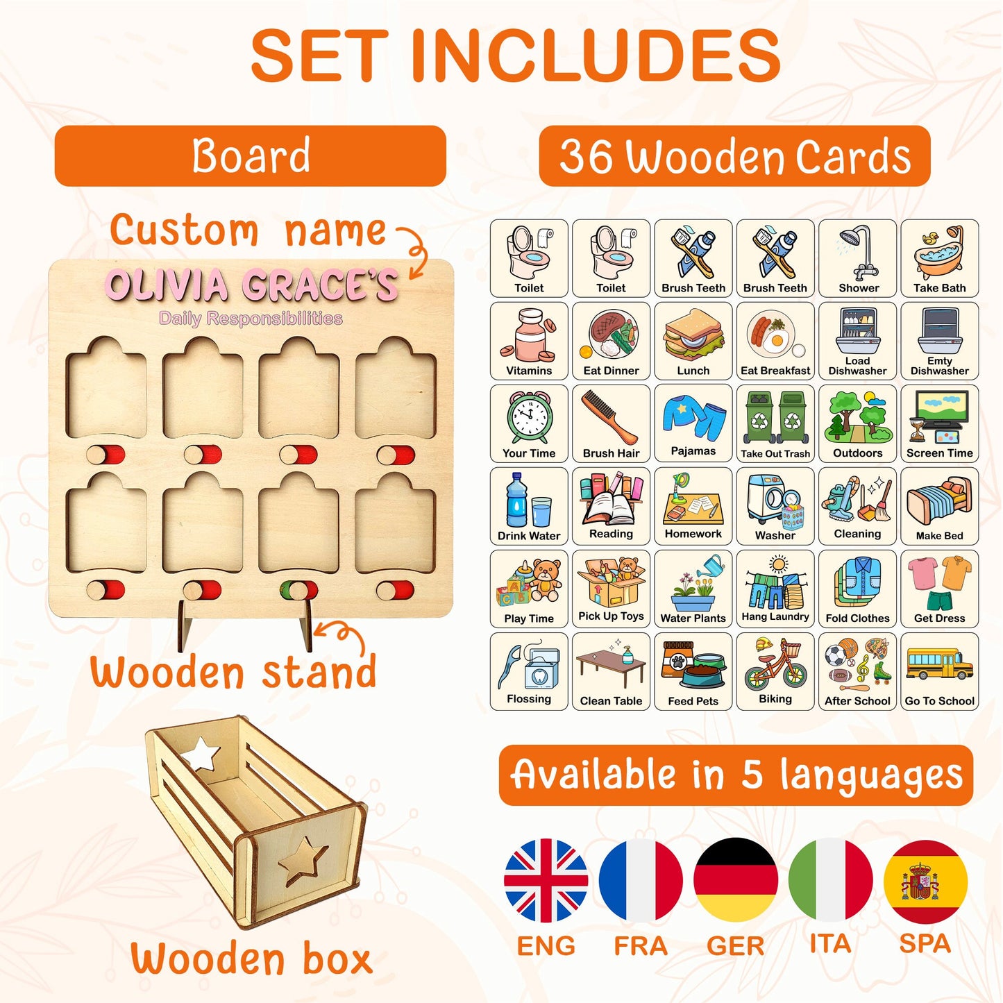 Kids Daily Routine Chart: Wooden Responsibility Board with Cards