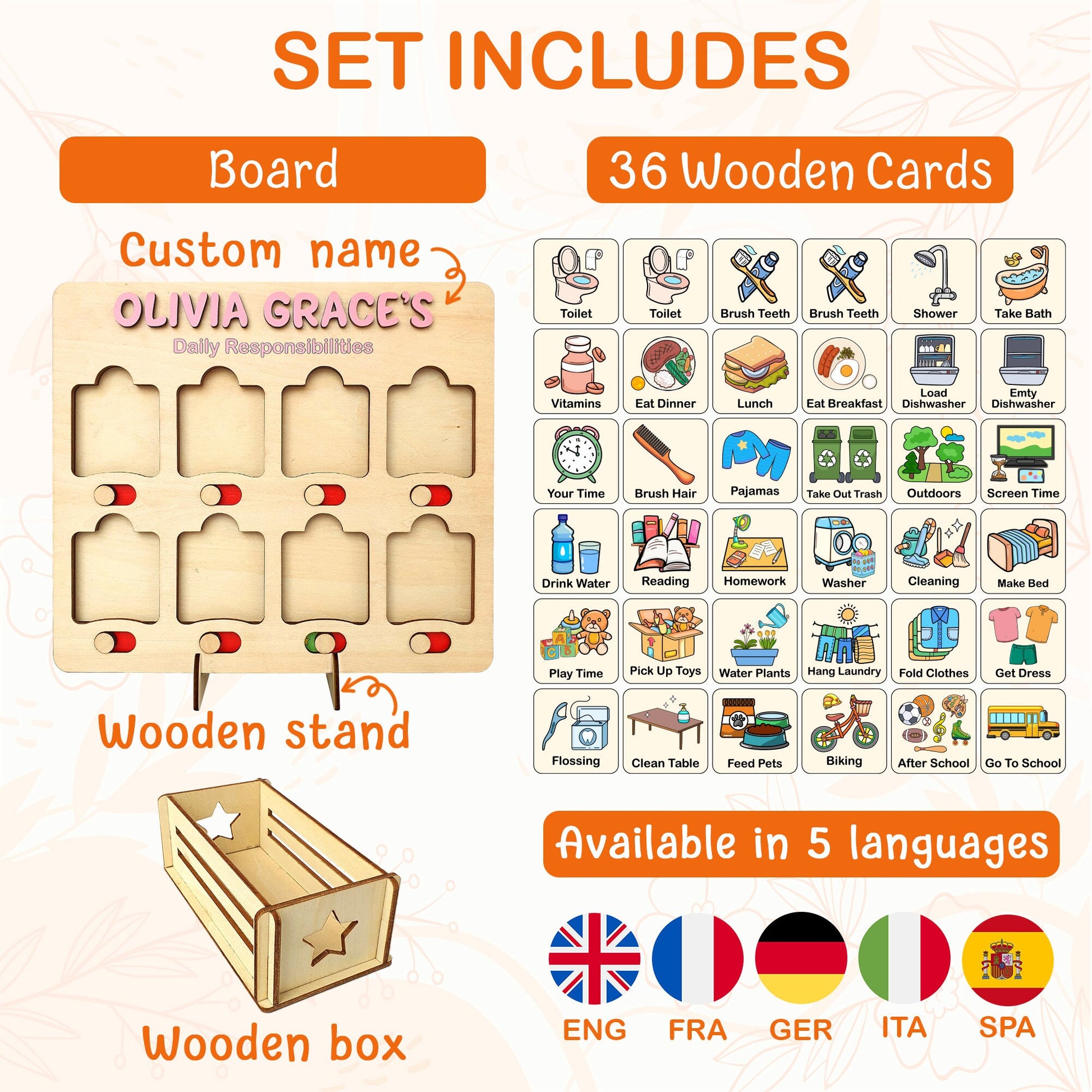 Kids Daily Routine Chart: Wooden Responsibility Board with Cards