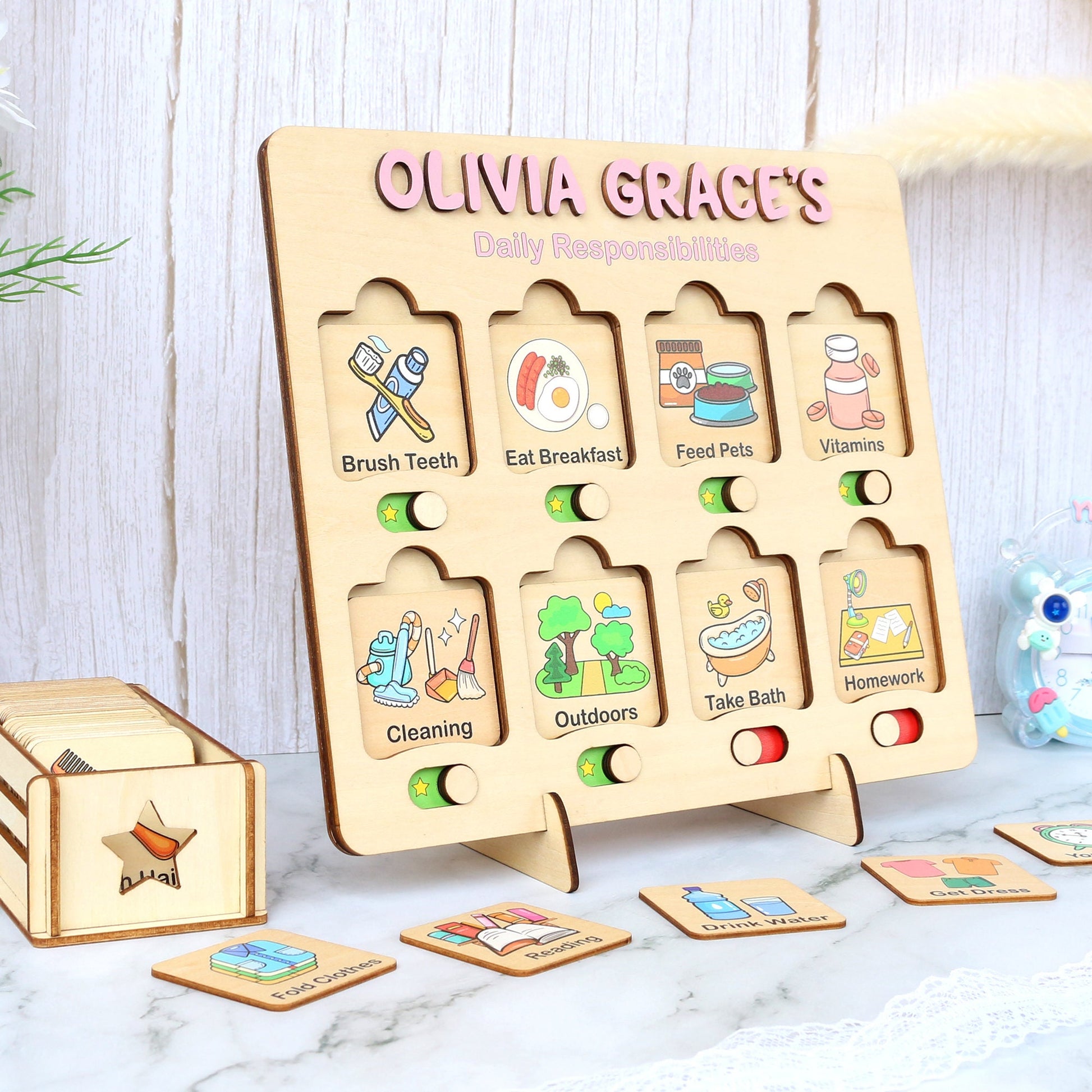 Kids Daily Routine Chart: Wooden Responsibility Board with Cards