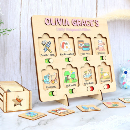 Kids Daily Routine Chart: Wooden Responsibility Board with Cards