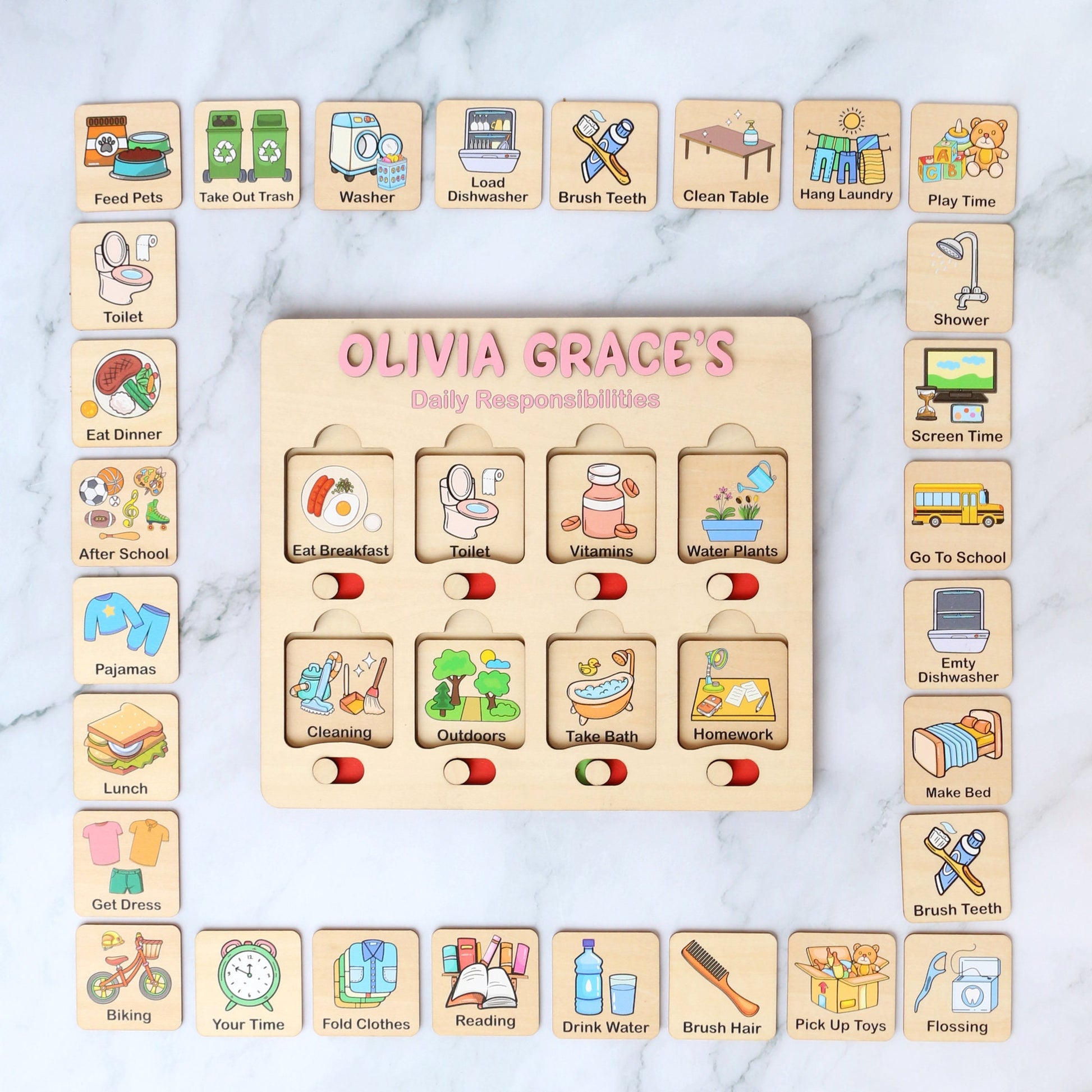 Kids Daily Routine Chart: Wooden Responsibility Board with Cards