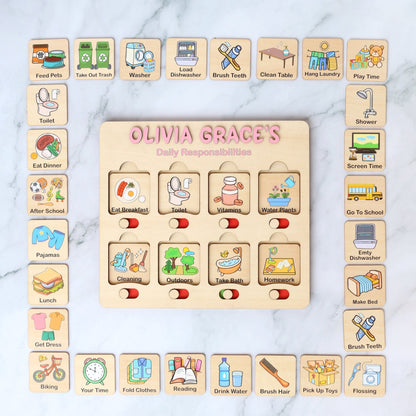 Kids Daily Routine Chart: Wooden Responsibility Board with Cards