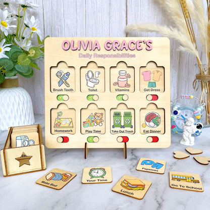 Kids Daily Routine Chart: Wooden Responsibility Board with Cards