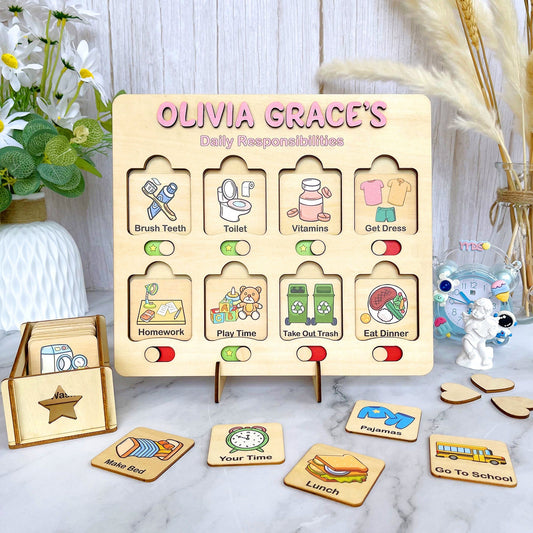 Kids Daily Routine Chart: Wooden Responsibility Board with Cards
