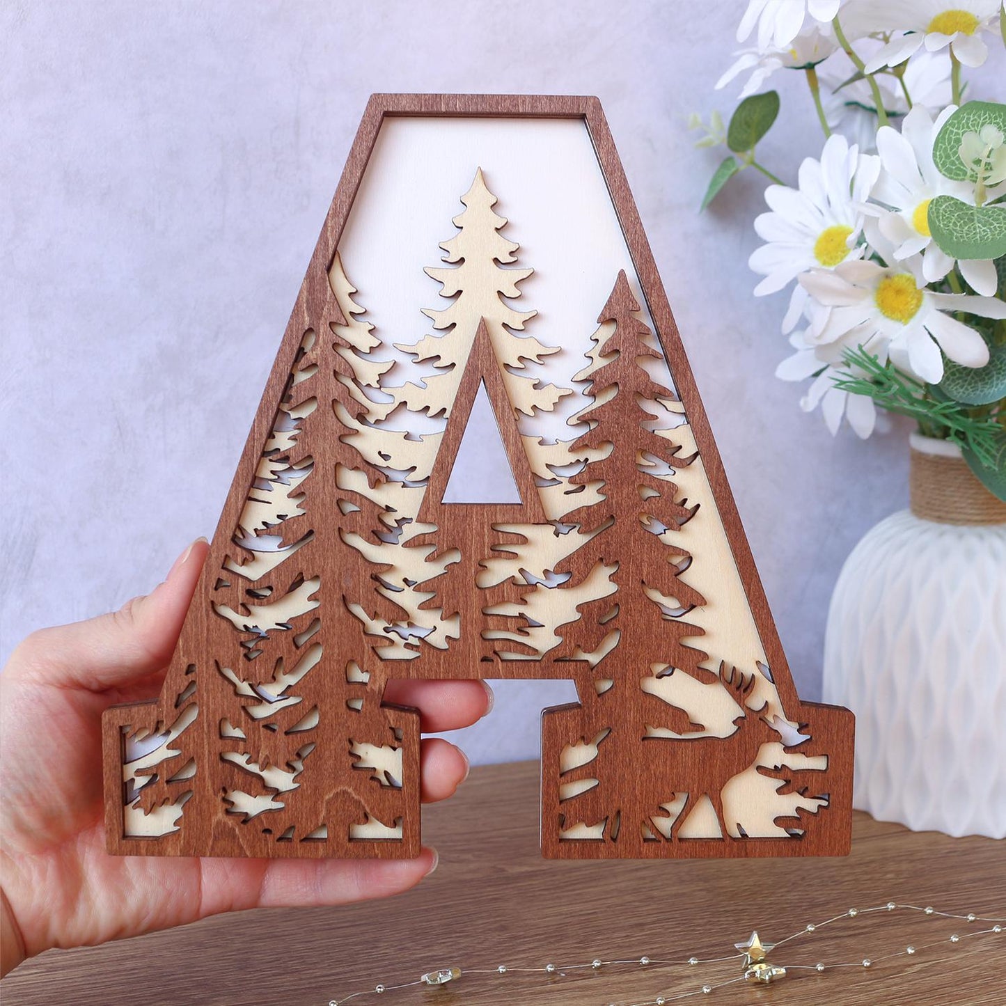 3D Wooden Forest Letter: Rustic Boho Name Sign