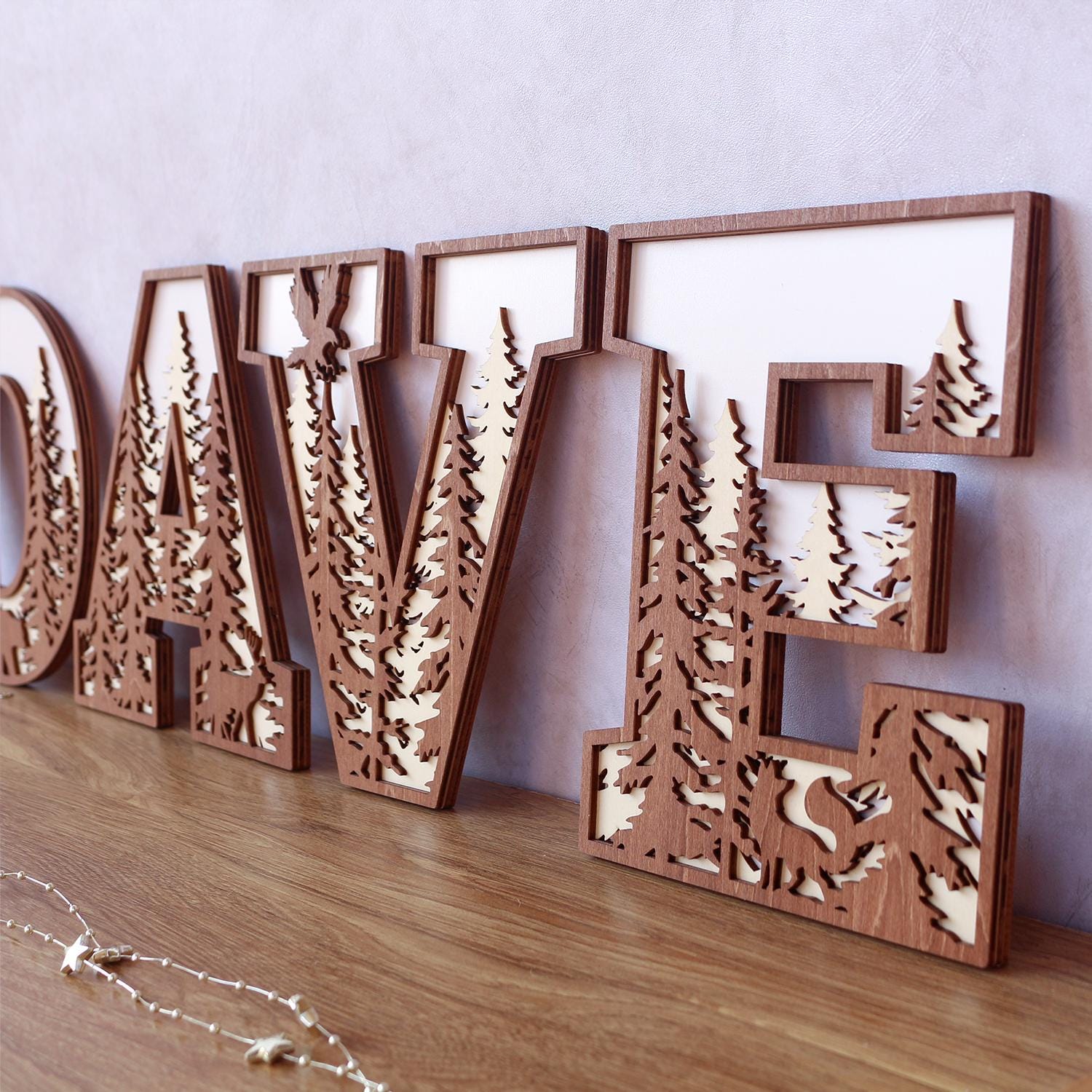 3D Wooden Forest Letter: Rustic Boho Name Sign