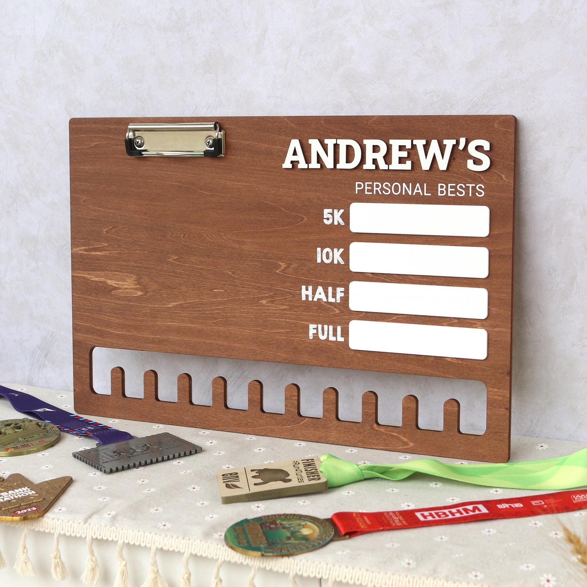 Running Medal Display Board: Personal Bests Chalkboard, Bib Hanger