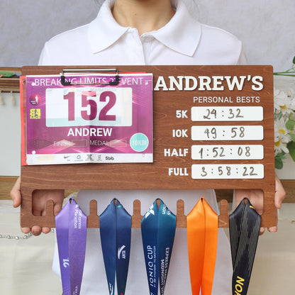 Running Medal Display Board: Personal Bests Chalkboard, Bib Hanger