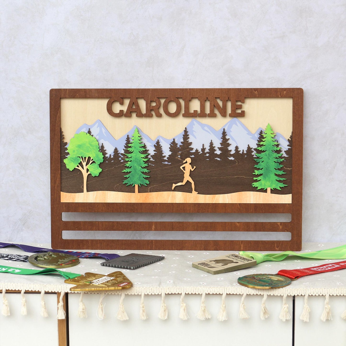 Custom Wooden Marathon Medal Display: 3D Runner Gift