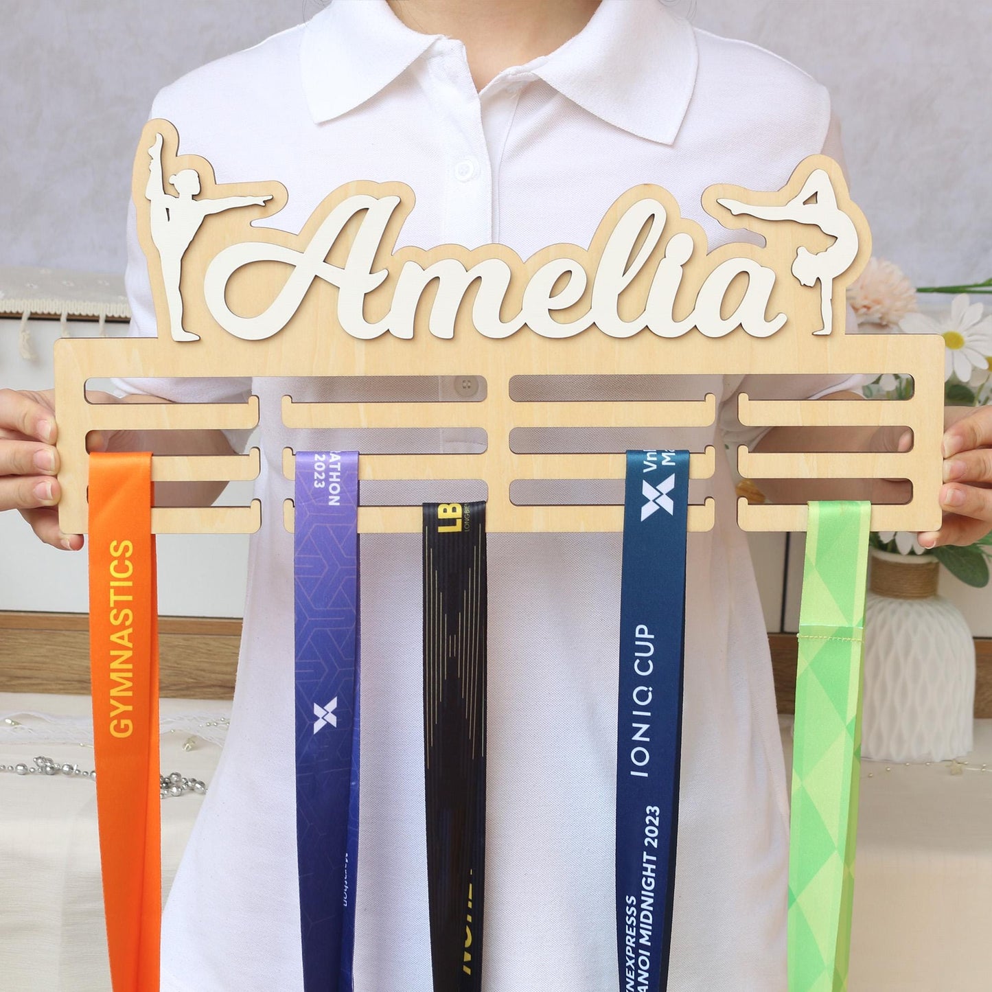 Personalized Gymnastics Medal Holder: Custom Name Wooden Display