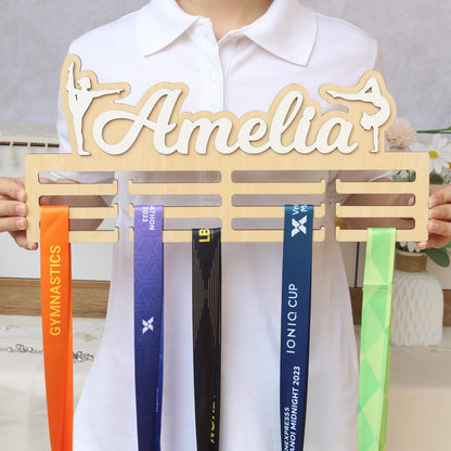 Personalized Gymnastics Medal Holder: Custom Name Wooden Display
