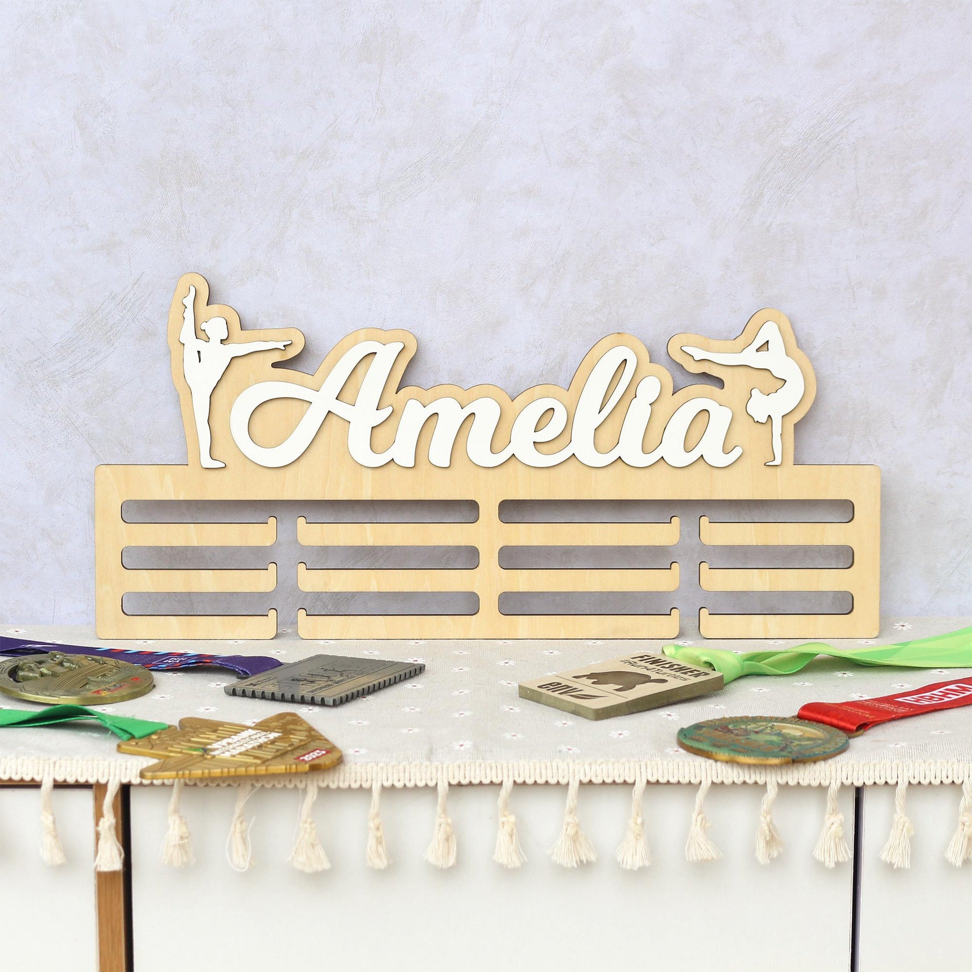 Personalized Gymnastics Medal Holder: Custom Name Wooden Display