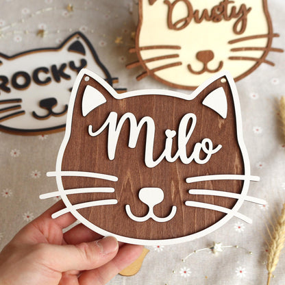 Cat Name Tag – Personalized Pet Name Sign for Pet House, Room, Crate, Kennel, or Feeding Area – Wooden Cat Plaque – Cat House Sign