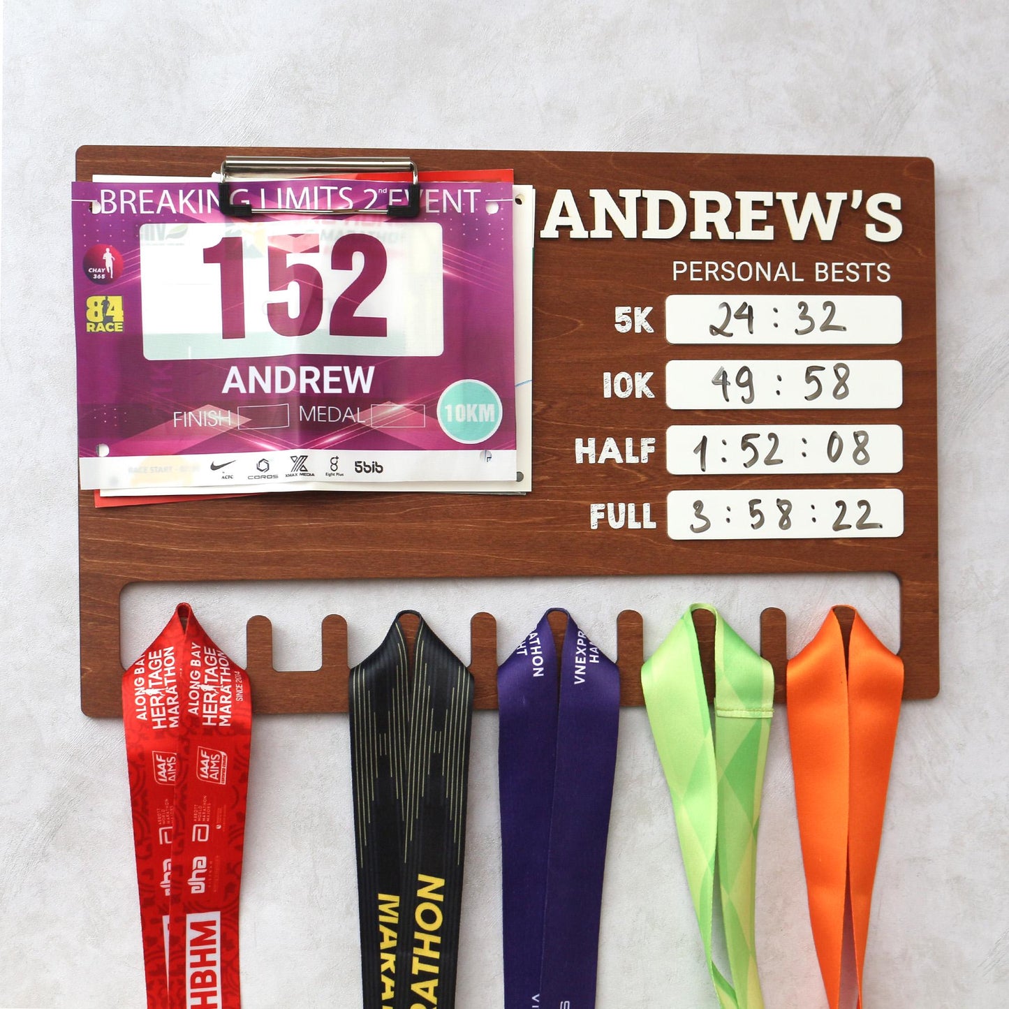 Running Medal Display Board: Personal Bests Chalkboard, Bib Hanger