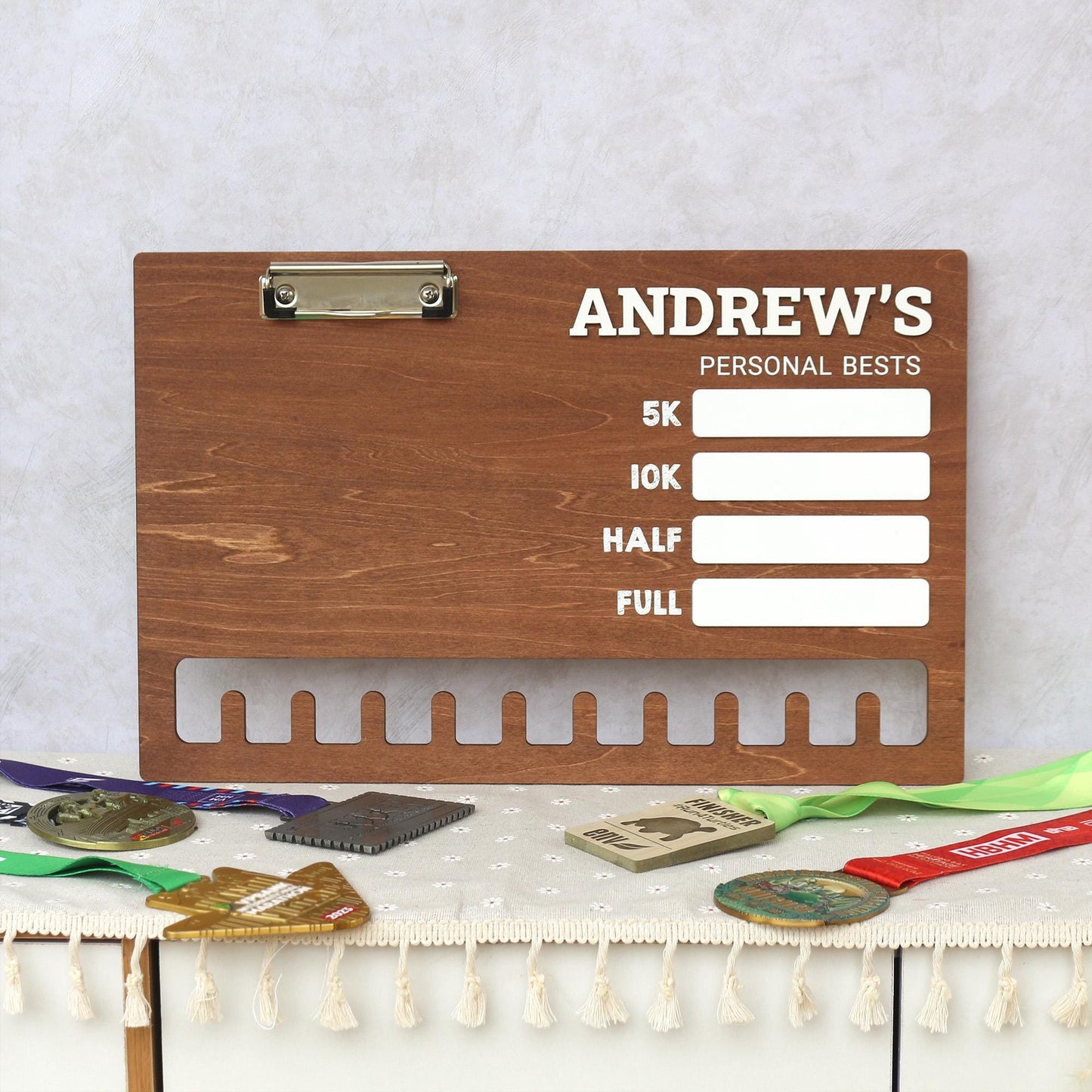 Running Medal Display Board: Personal Bests Chalkboard, Bib Hanger