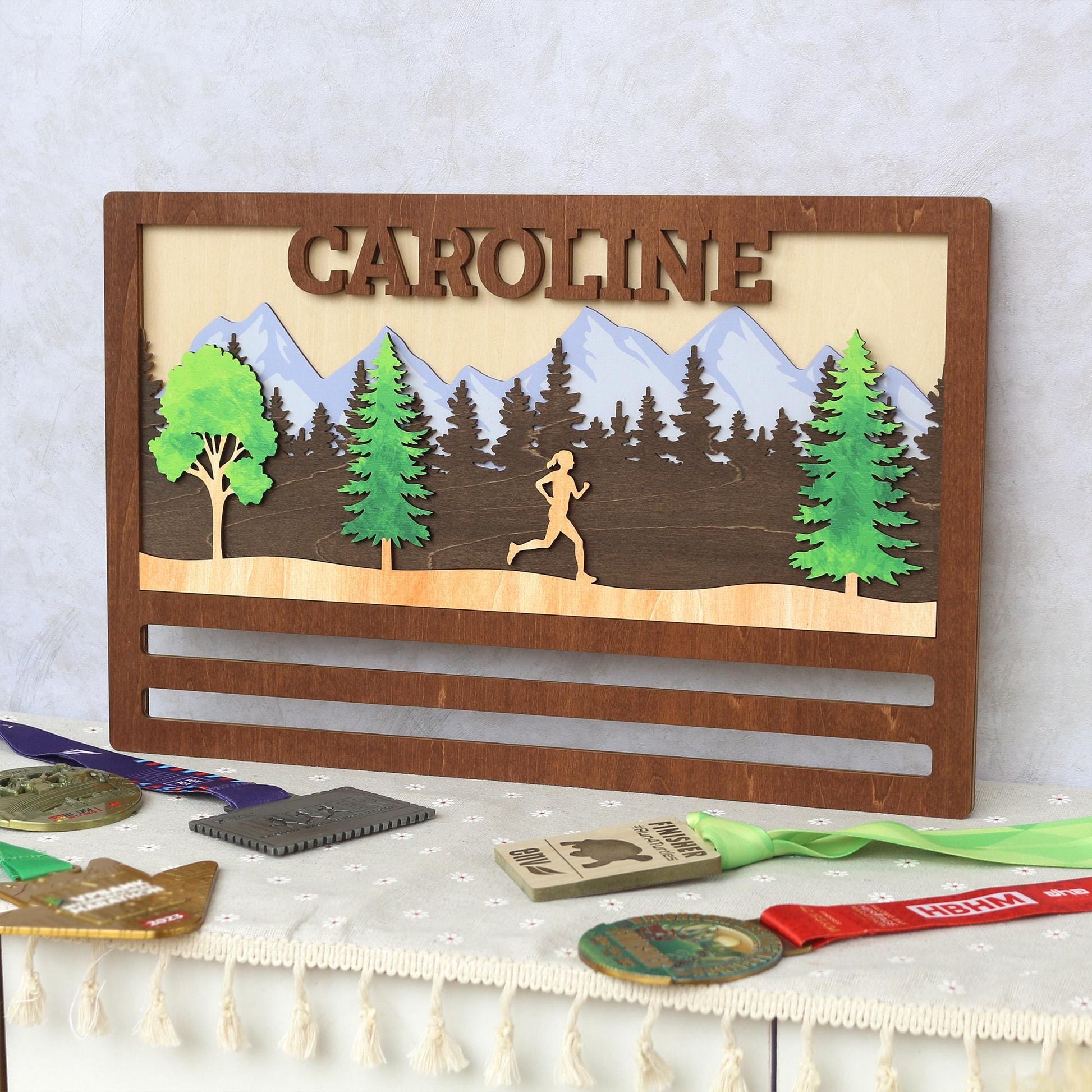 Custom Wooden Marathon Medal Display: 3D Runner Gift