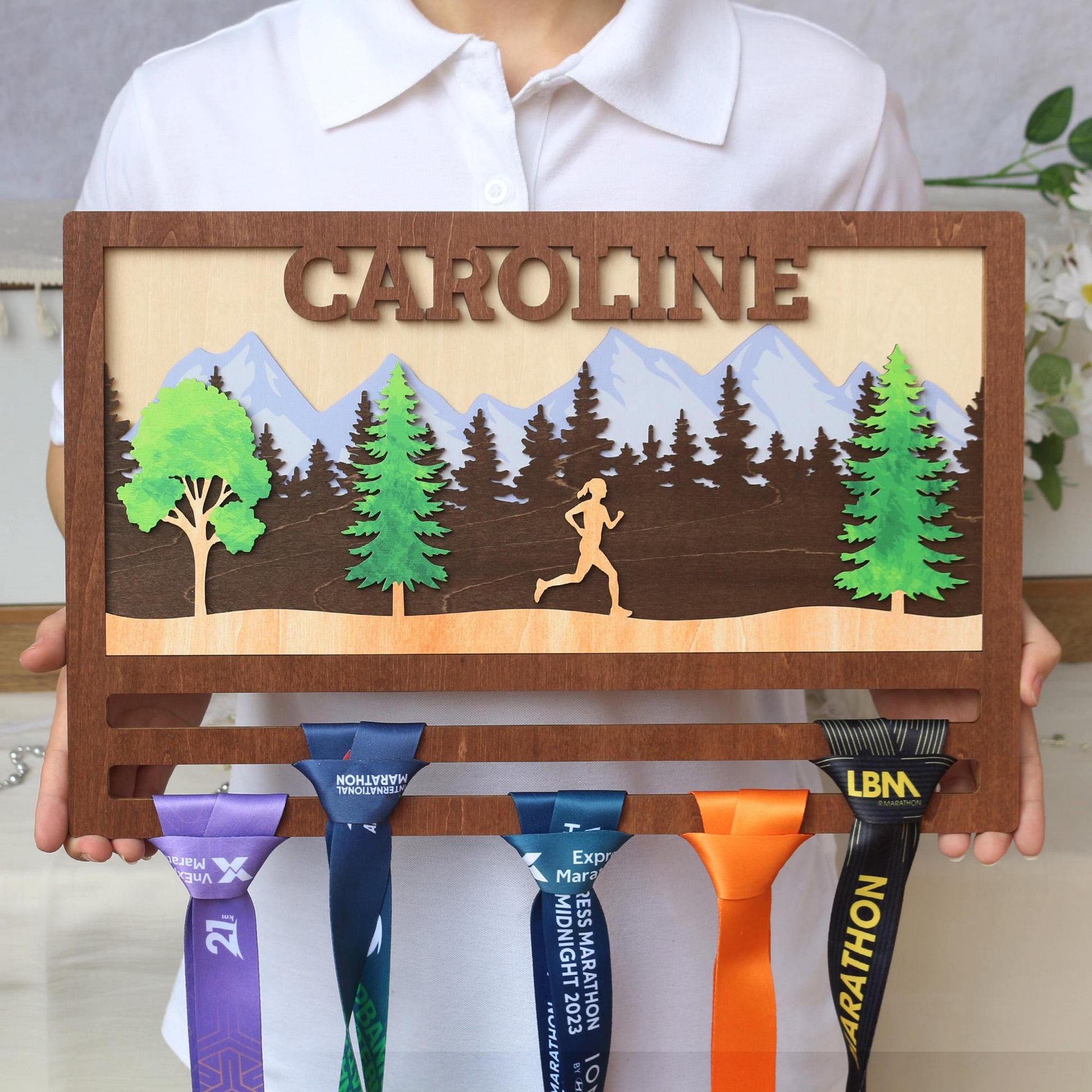 Custom Wooden Marathon Medal Display: 3D Runner Gift