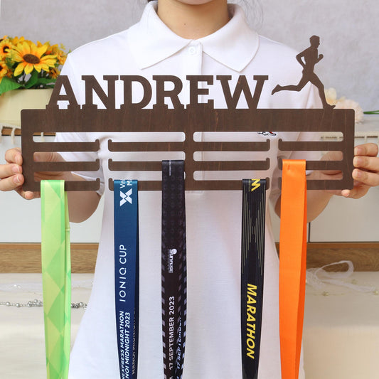 Personalized Wooden Medal Display Hanger: Custom Name & Sport