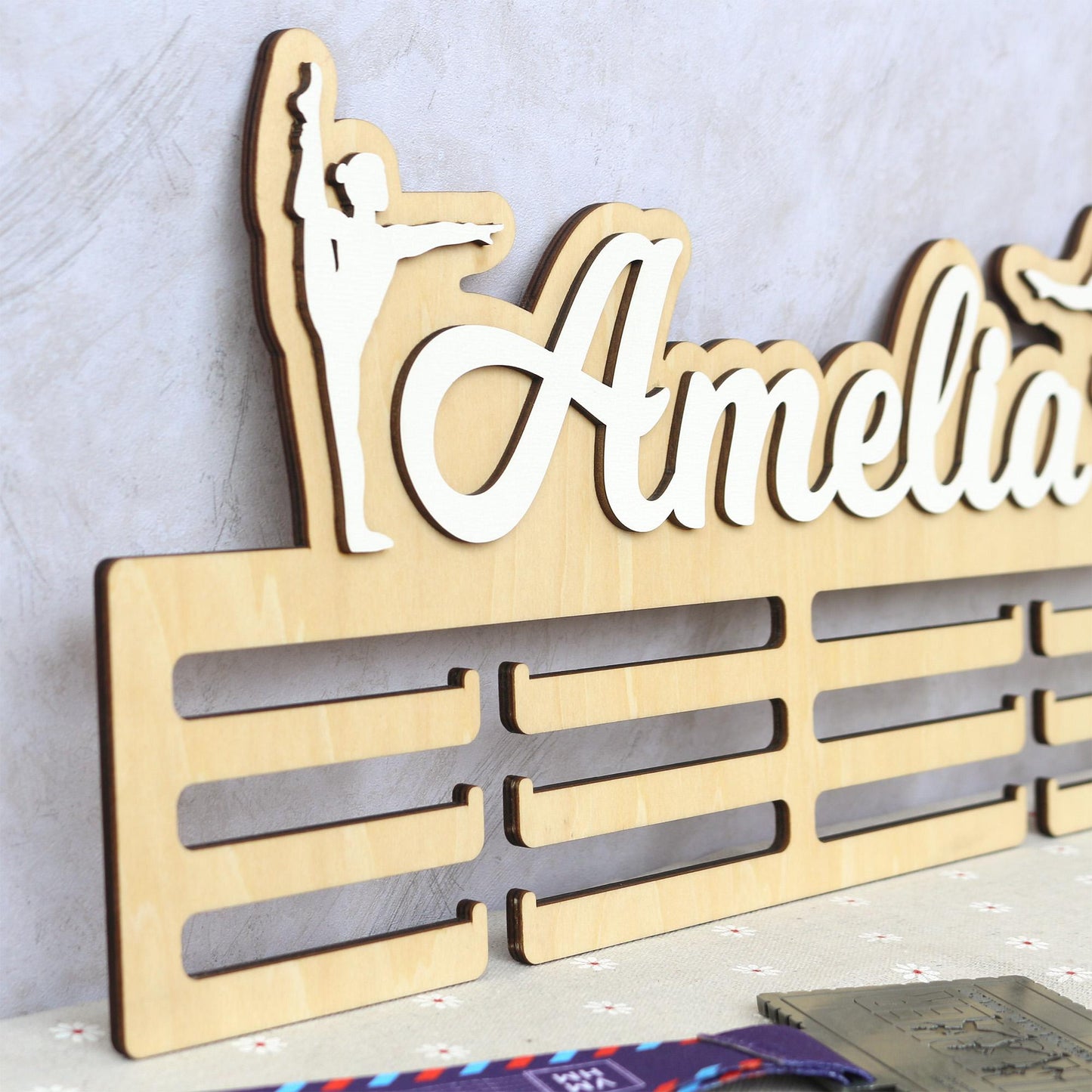 Personalized Gymnastics Medal Holder: Custom Name Wooden Display