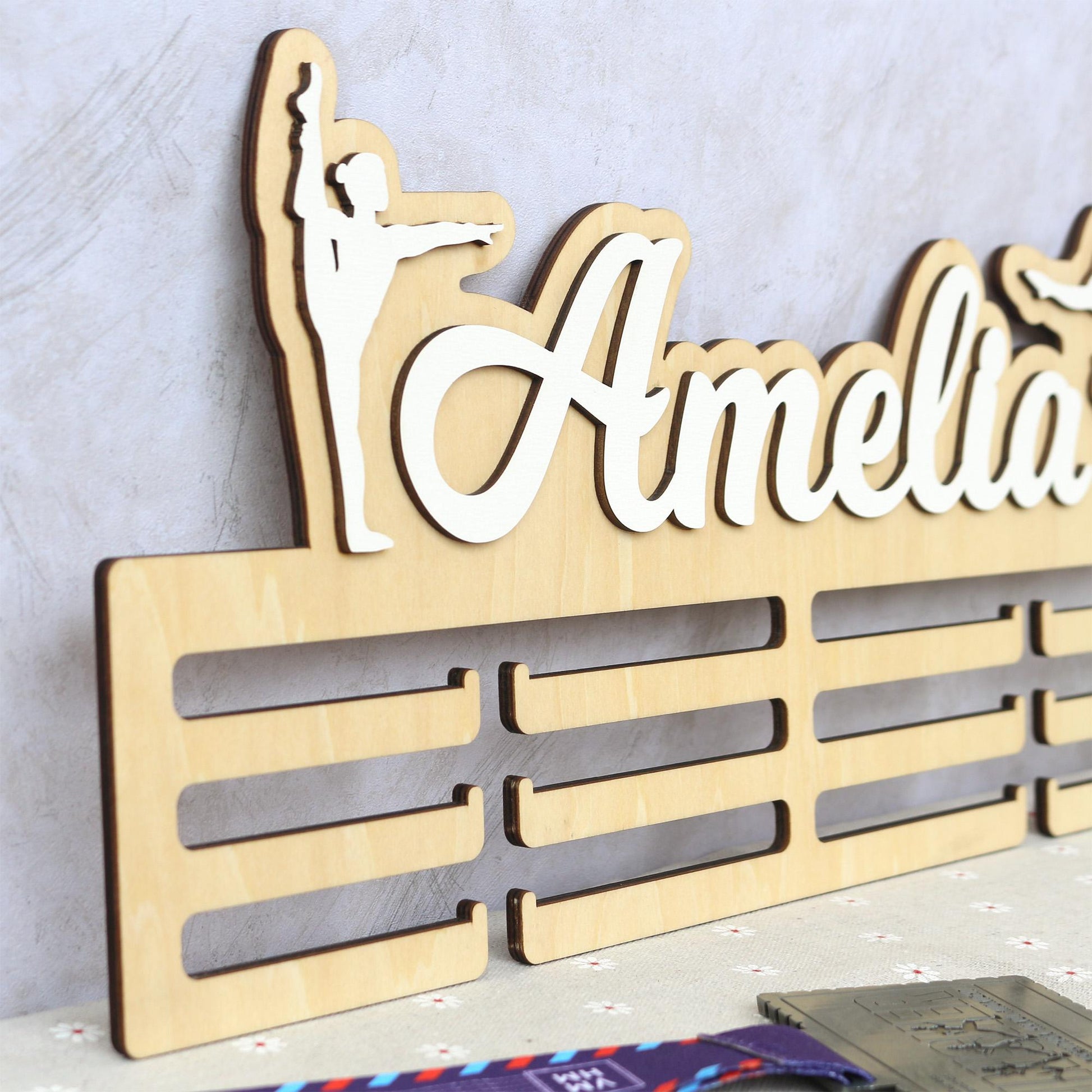 Personalized Gymnastics Medal Holder: Custom Name Wooden Display